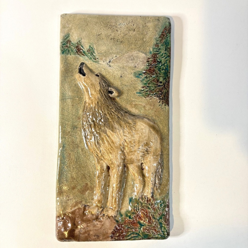 Studio Pottery Howling Wolf Wall Plaque Ceramic Relief Art Rustic Cabin Decor